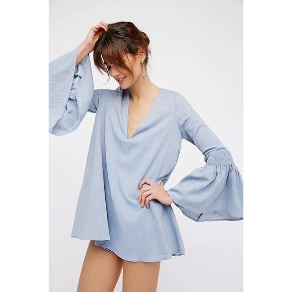 Free People Chambray Flare Sleeve Mini Dress Romper Womens XS Deep V Playsuit - Picture 2 of 10